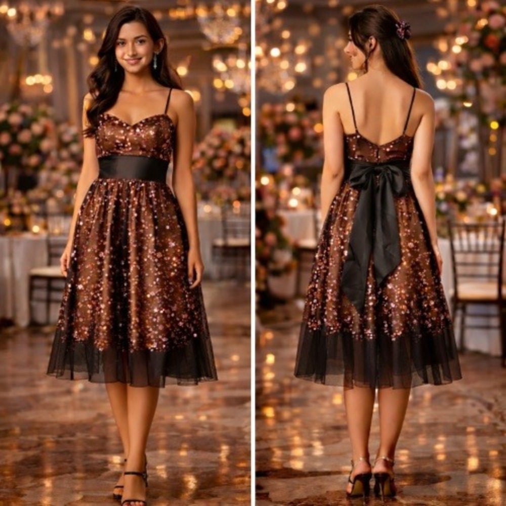 Blondie Prom Dress Fit Flare Satin Tie Back Bow 5 Spaghetti Strap Event Party
